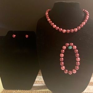 Faux Burgundy Pearl 3 pc Jewelry Set